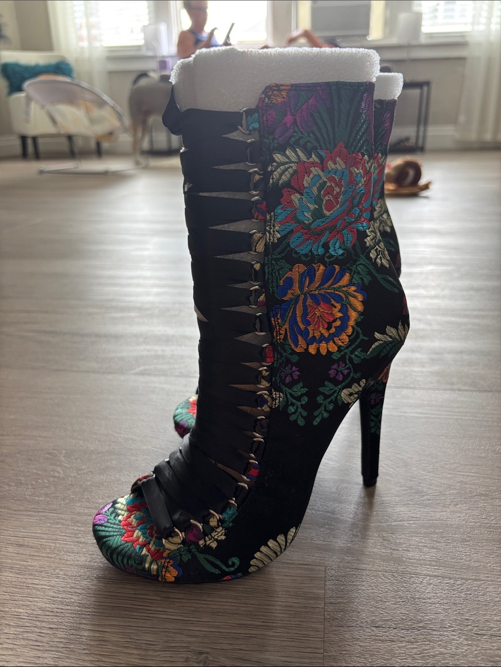 Steve Madden Black Floral Embroidered Lace-Up High Heel Booties